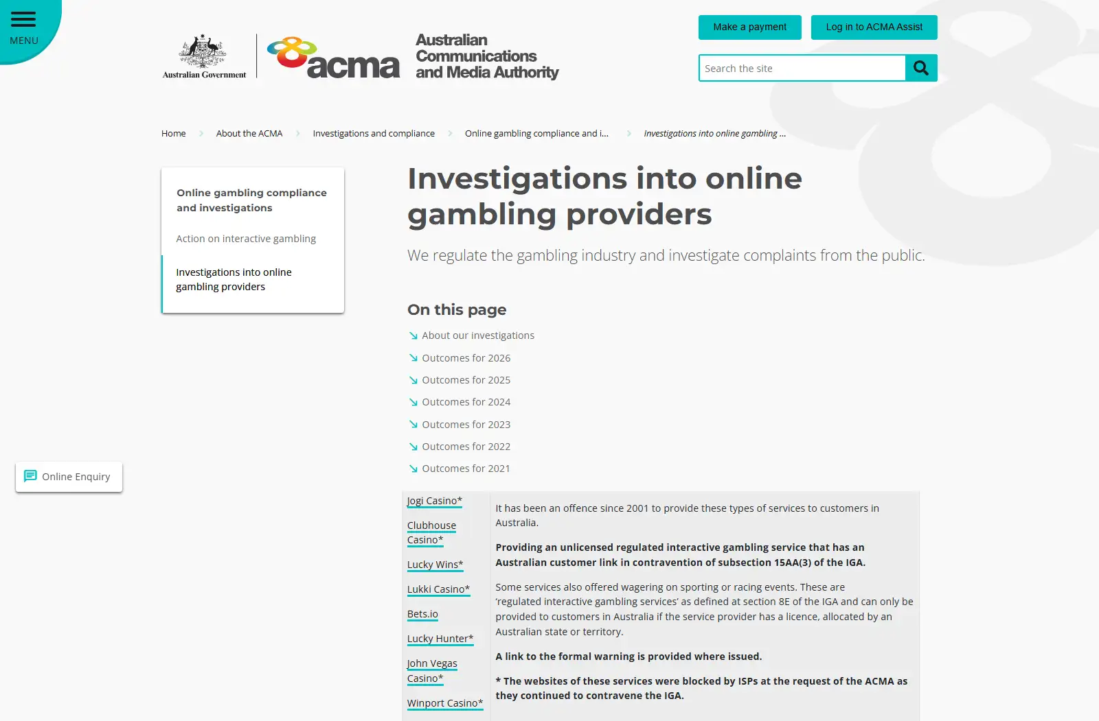 ACMA record showing Lucky Hunter among 2024 prohibited-service outcomes
