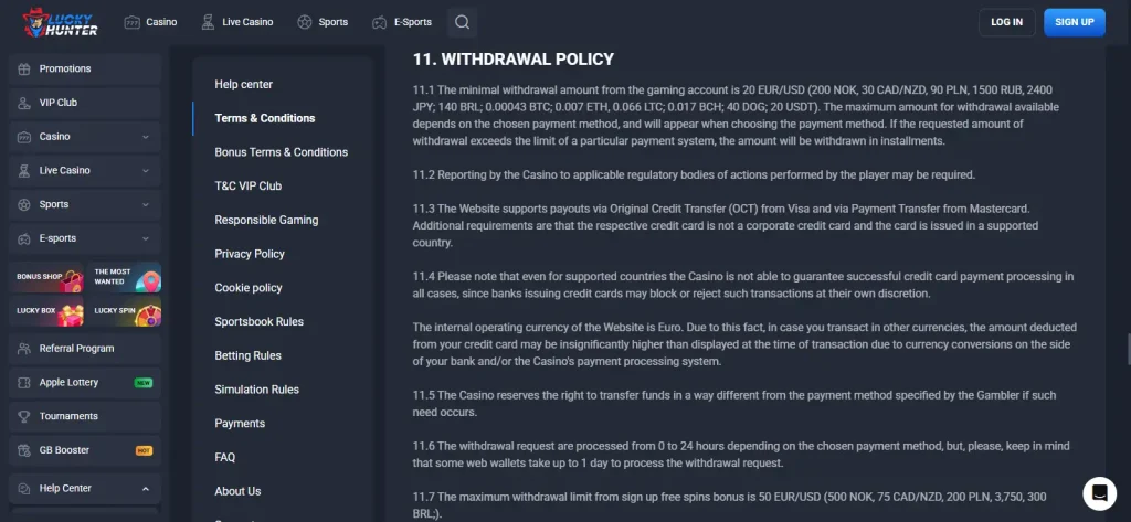 Current Lucky Hunter AU Terms and Conditions withdrawal section showing processing and limit wording
