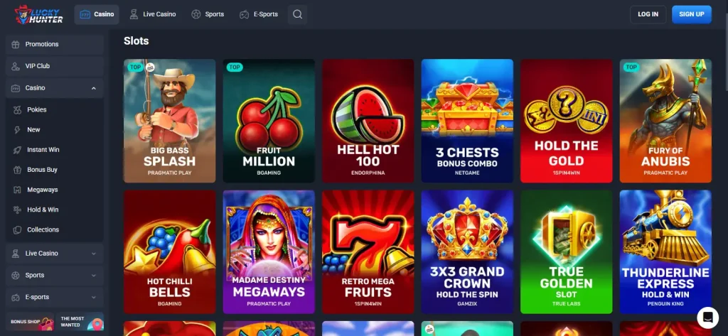 Current Lucky Hunter Australia games lobby showing category navigation and representative game providers