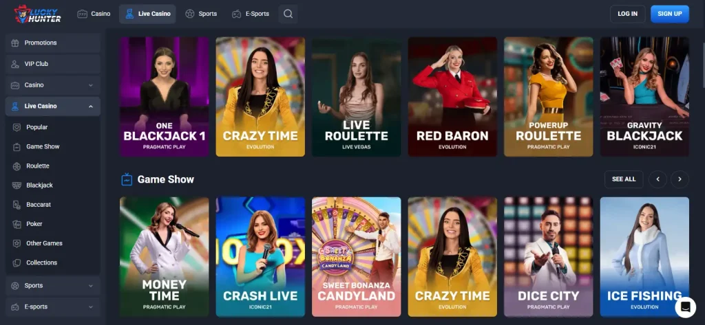 Current Lucky Hunter Australia live casino showing dealer categories and representative provider tables