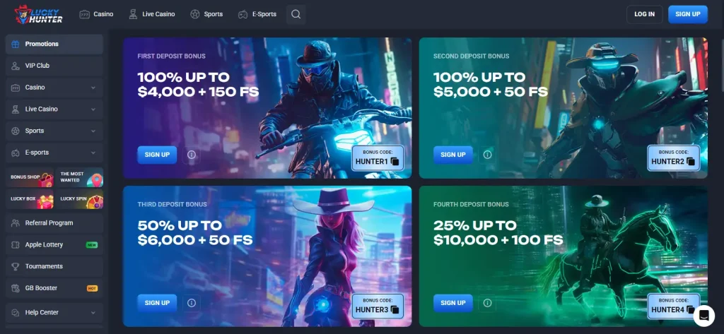 Current Lucky Hunter Australia promotions page showing the welcome package and bonus-code cards