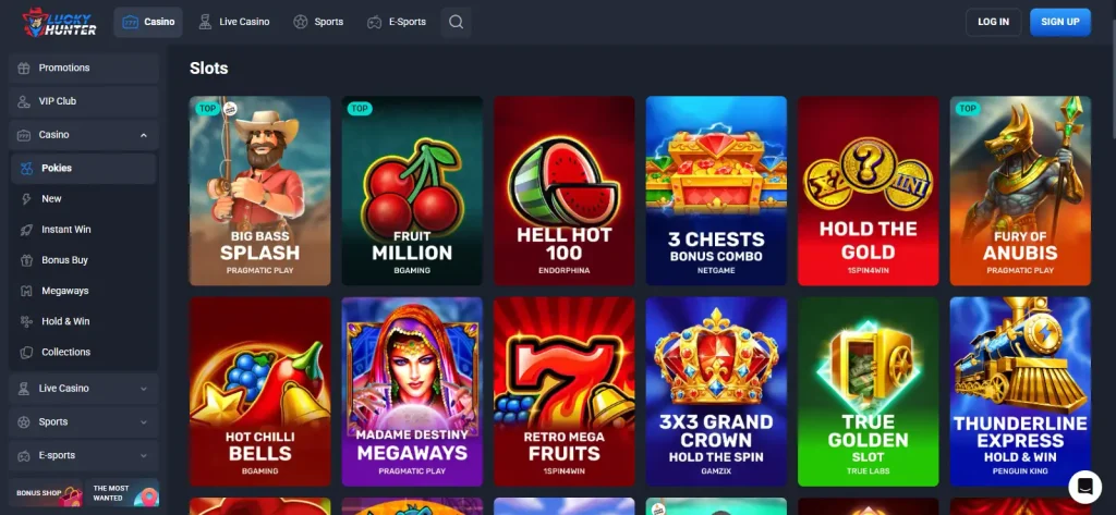 Current Lucky Hunter Australia slots catalogue showing pokies filters such as Hold and Win, Megaways and Jackpot