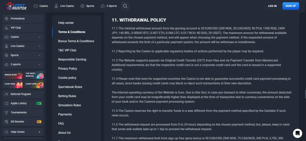 Current Lucky Hunter official terms section describing account KYC and withdrawal verification