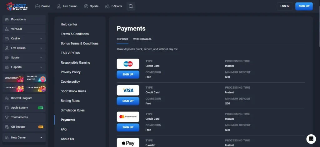 Current Lucky Hunter payments page showing available payment categories and currencies without personal account data