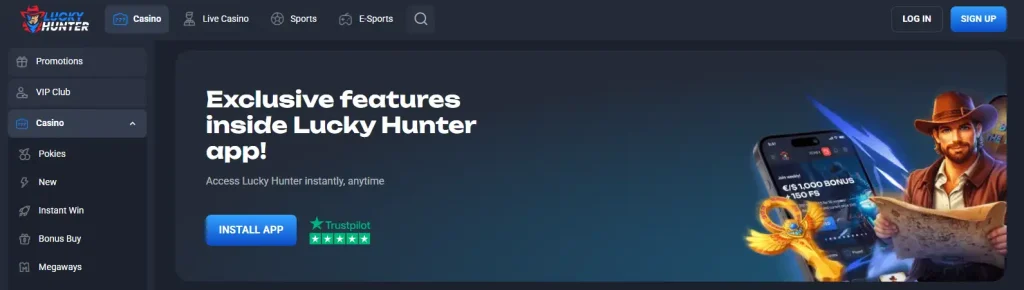Lucky Hunter official site showing current iOS and Android app download options
