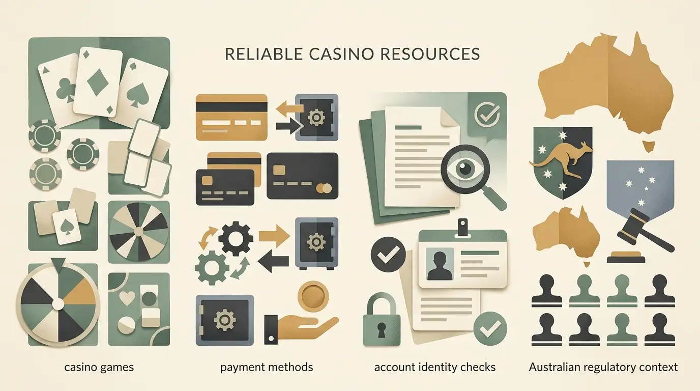 Overview illustration showing Lucky Hunter games, payments, account checks and Australian regulation as separate topics
